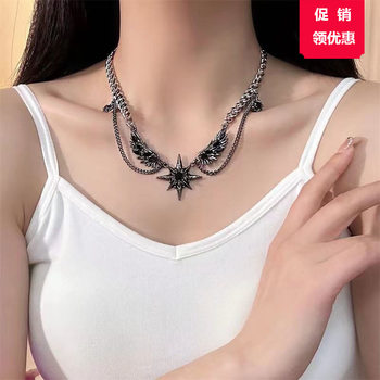 Y2K Black Winged Star Necklace Punk Style Subculture Sweet Cool Spice Girl Necklace Gothic Dark Niche Collarbone Chain