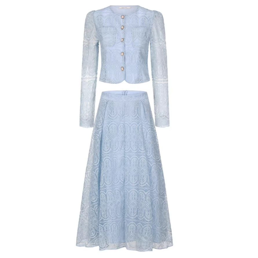 Chic Lace Two Piece Set Fitted Top with Pearl Button High Waisted Flared Skirt Autumn Office Wear Wholesale Available