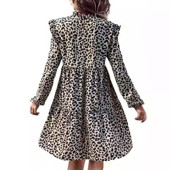 Elegant Leopard Print Dress Ruffle Detail Long Sleeve Fashionable Style Perfect for Parties and Events Wholesale