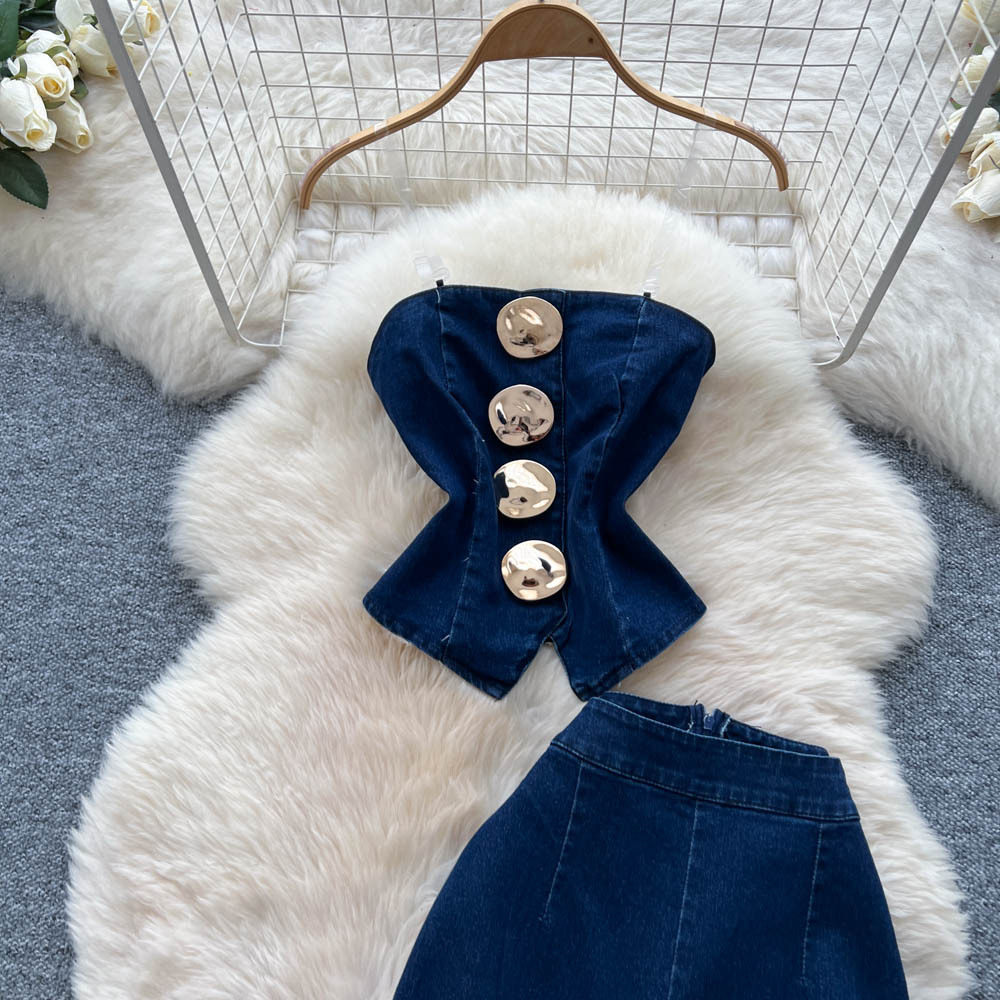 Womens Denim Set Metallic Buckle Cami Top High Waisted Slim Fit Flared Pants Trendy Casual Wear Wholesale Available