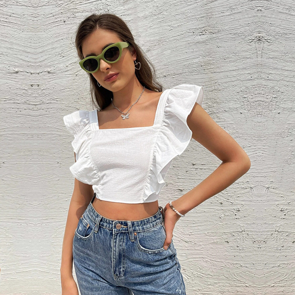 Womens Ruffled Sleeve Backless T Shirt Sweet and Fresh Design Square Neck Sleeveless Casual Wear Wholesale