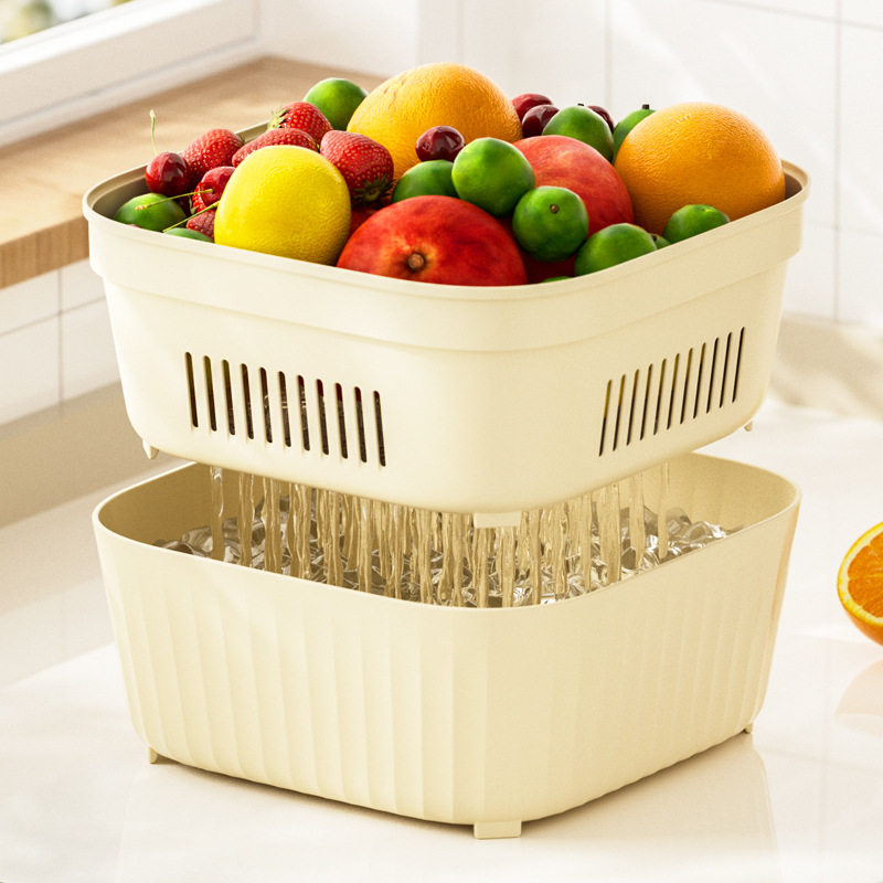 New Double-Layer Drain Basket Kitchen Fruit Washing Drain Basin Multi-Functional Vegetable Washing Basket Household Drain Bowl Vegetable Washing Basin