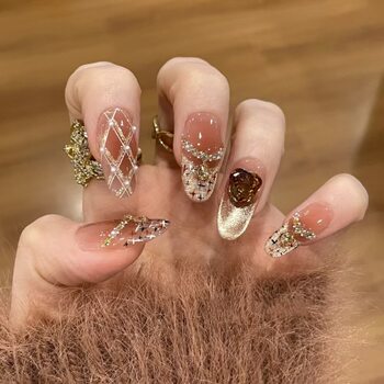 2025 Autumn/Winter New Dreamy Light Luxury Champagne Diamond Pattern French Cat Eye Gradient Flash Wearable Nails