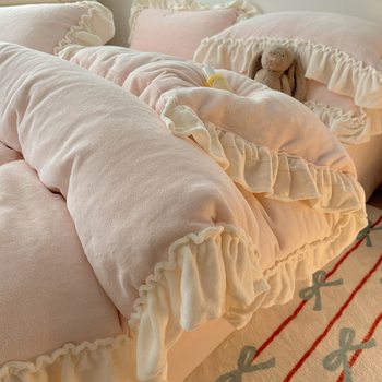Class a Princess Style Thickeneded Warm Milk Velvet Four-Piece Winter Lace Coral Velvet Fleece-Lined Bed Sheetss and Quilt Covers Bedding
