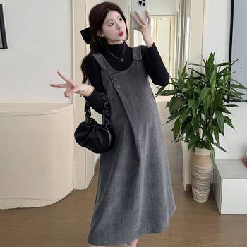 Maternity Wear Autumn and Winter New Slimming Look Korean Style Loose Spring & Fall Fashion Suspender Dress + Bottoming Shirt Two-Piece Suit