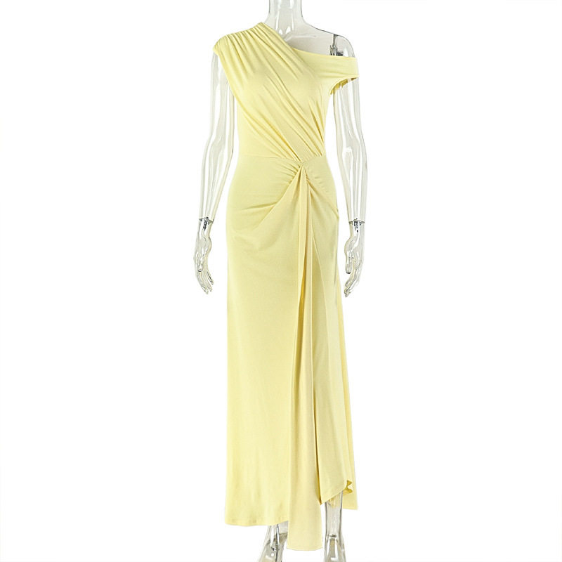 A Line Dress Solid Color Ruffled Design Asymmetrical Neckline Casual Style Perfect for Outings Wholesale Available