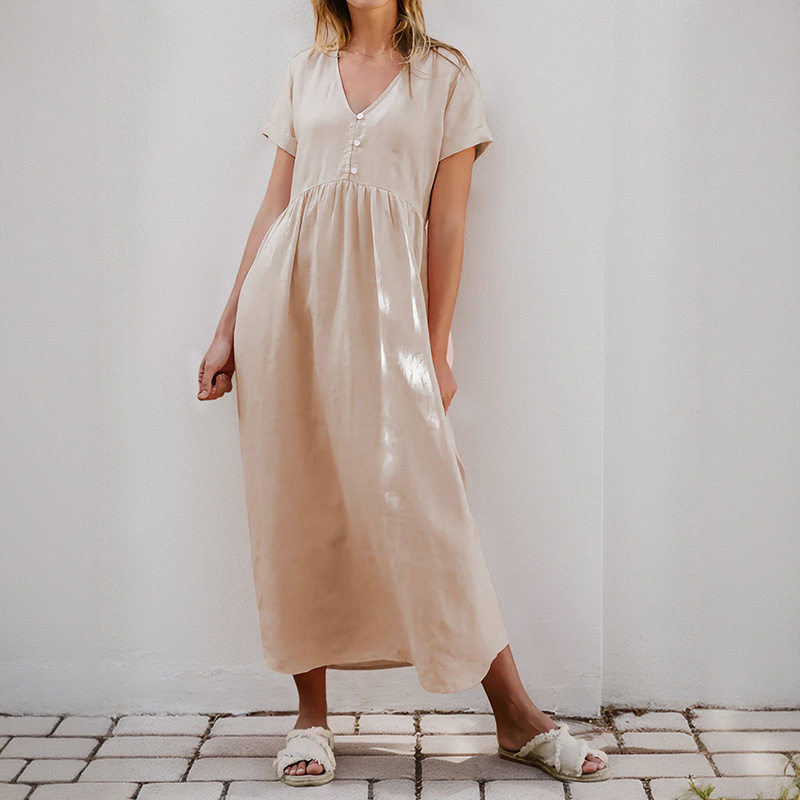 Casual Loose Button V Neck Solid Color Dress New Arrival European and American Style Perfect for Everyday Wear