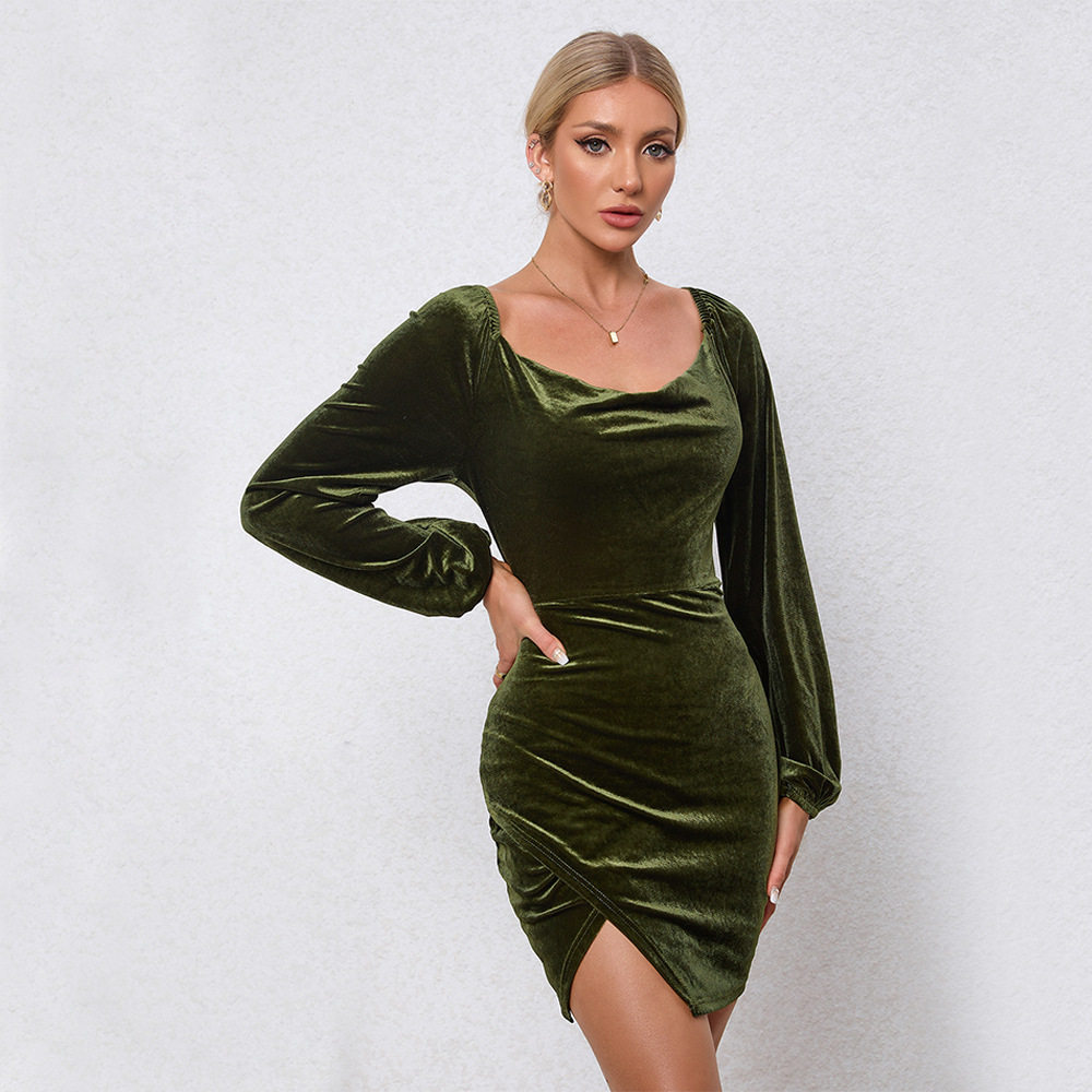 Bodycon Velvet Dress Slim Fit Split Hem Puff Sleeves Elegant Style Perfect for Spring Summer Events Wholesale