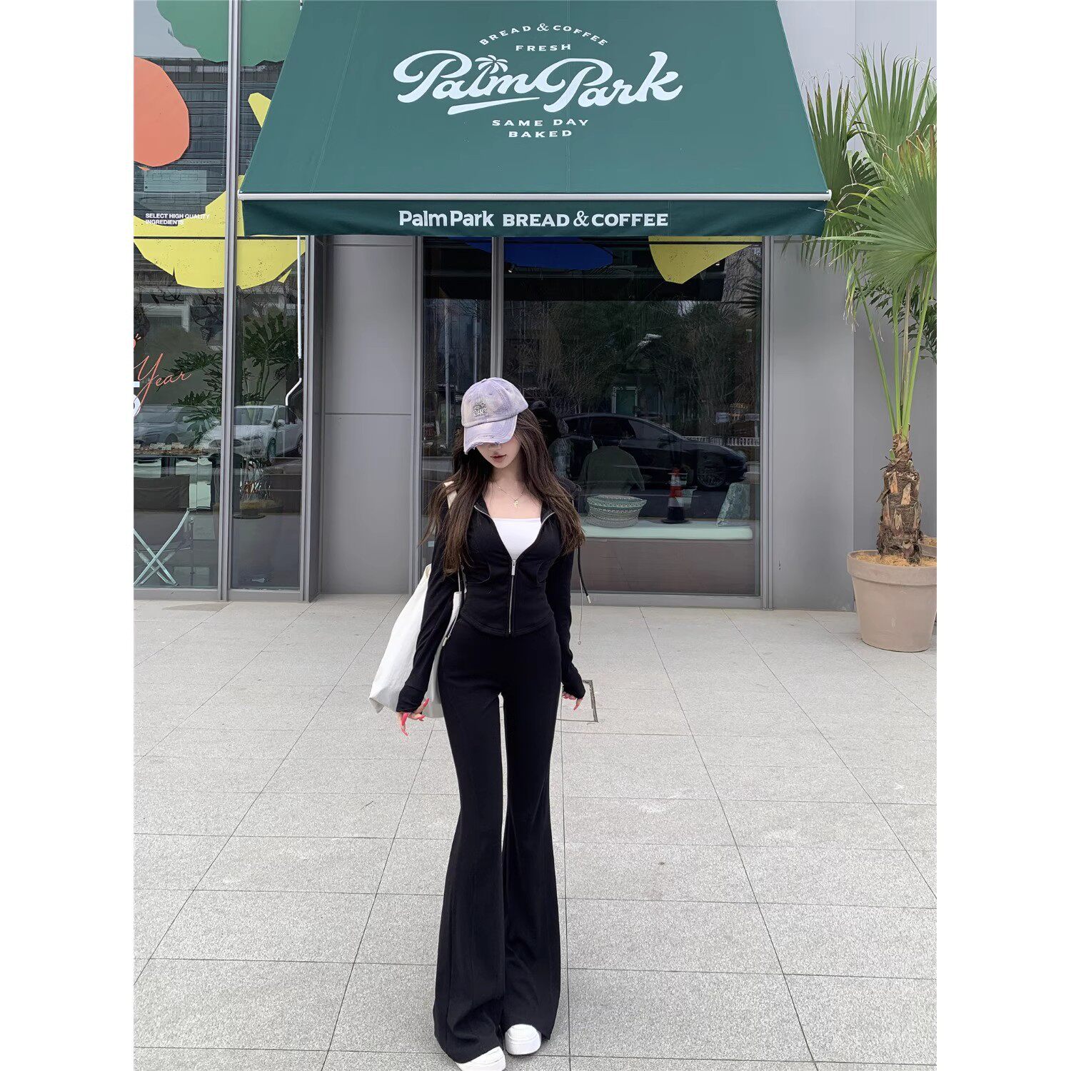 Casual Sports Suit Purple Hooded Waist Short Zipper Jacket Women's Autum Micro-Flared Pants Two-Piece Set