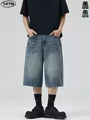 LKTM Men's# American Retro Old Blue Lightning Pattern Denim Shorts Men's and Women's Loose Straight Shape Cropped Pants