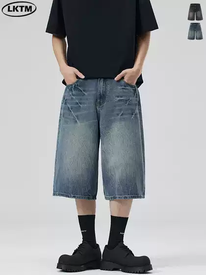 LKTM Men's# American Retro Old Blue Lightning Pattern Denim Shorts Men's and Women's Loose Straight Shape Cropped Pants