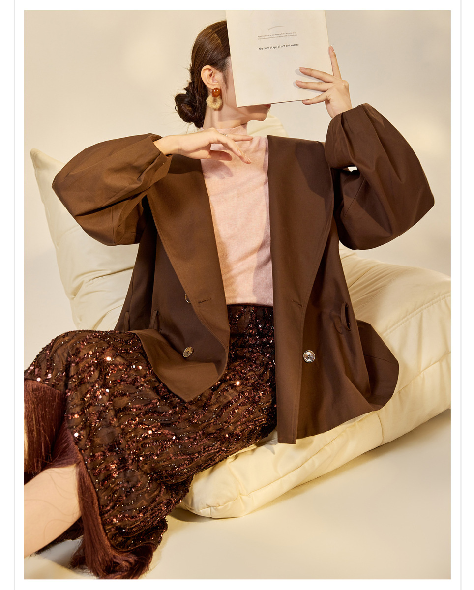 Áo khoác dạ nữ dáng dài buộc dây phối mũ, phong cách thanh lịch — Cacao Brown (7 ngày)