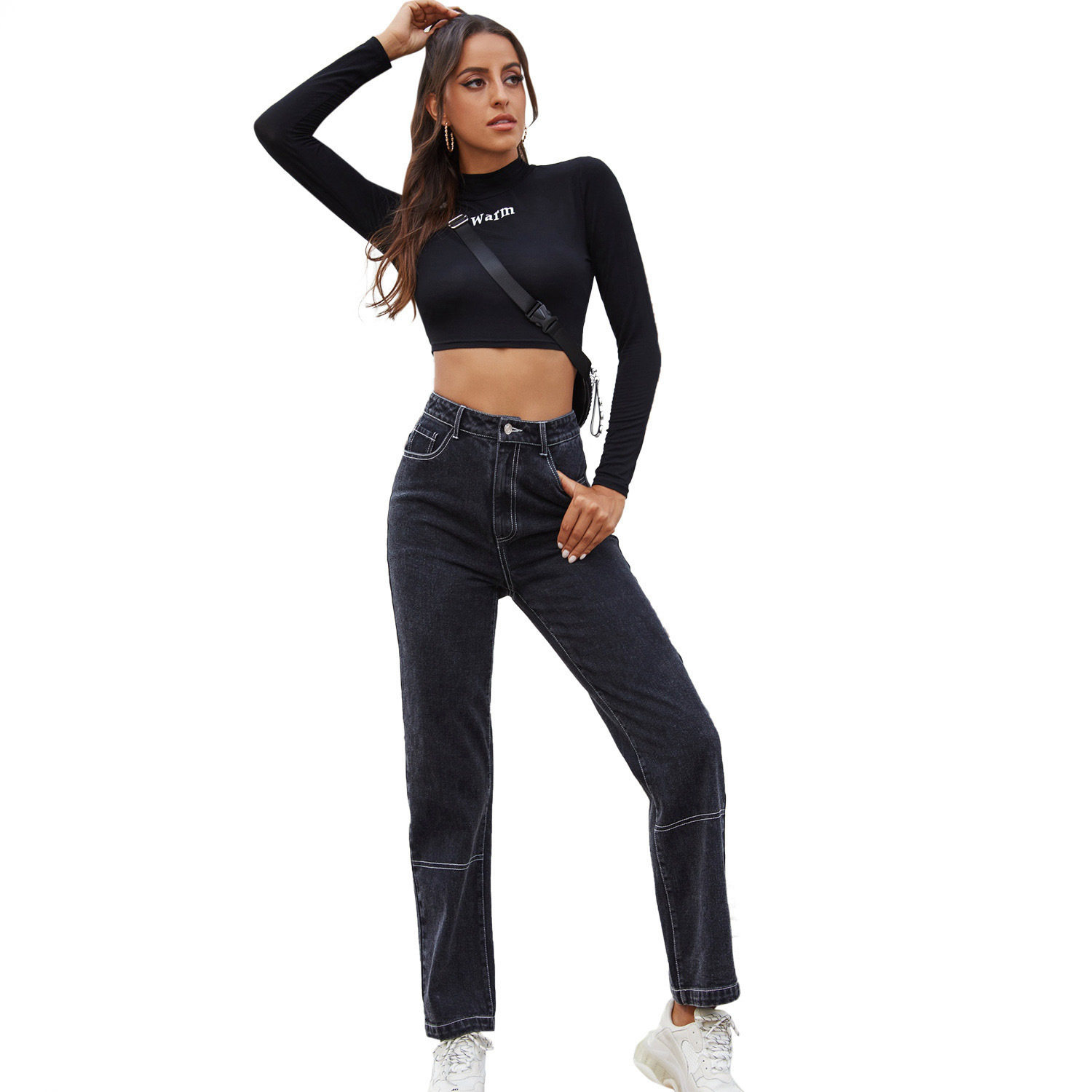 High Waisted Black Denim Straight Leg Pants Fashionable Trendy Comfortable Fall Winter Wear Wholesale Available