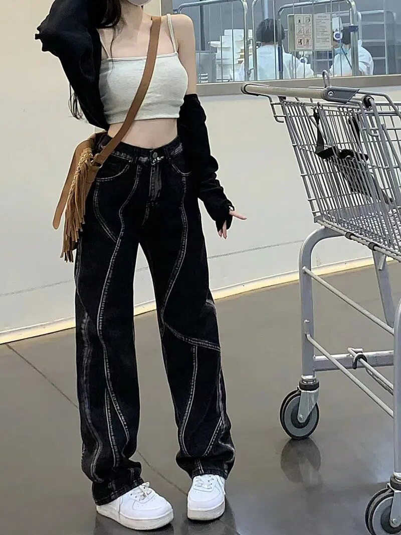 Womens American Street Style Wide Leg Denim Pants Spring Collection Loose Fit High Waisted Floor Length Casual