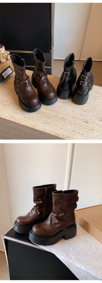 Boot nữ da bò cổ thấp gót xuồng khóa kéo bên hông — Lớp lót đơn màu đen, Lớp lót đơn màu nâu, Lót nhung đen, Lót nhung màu nâu