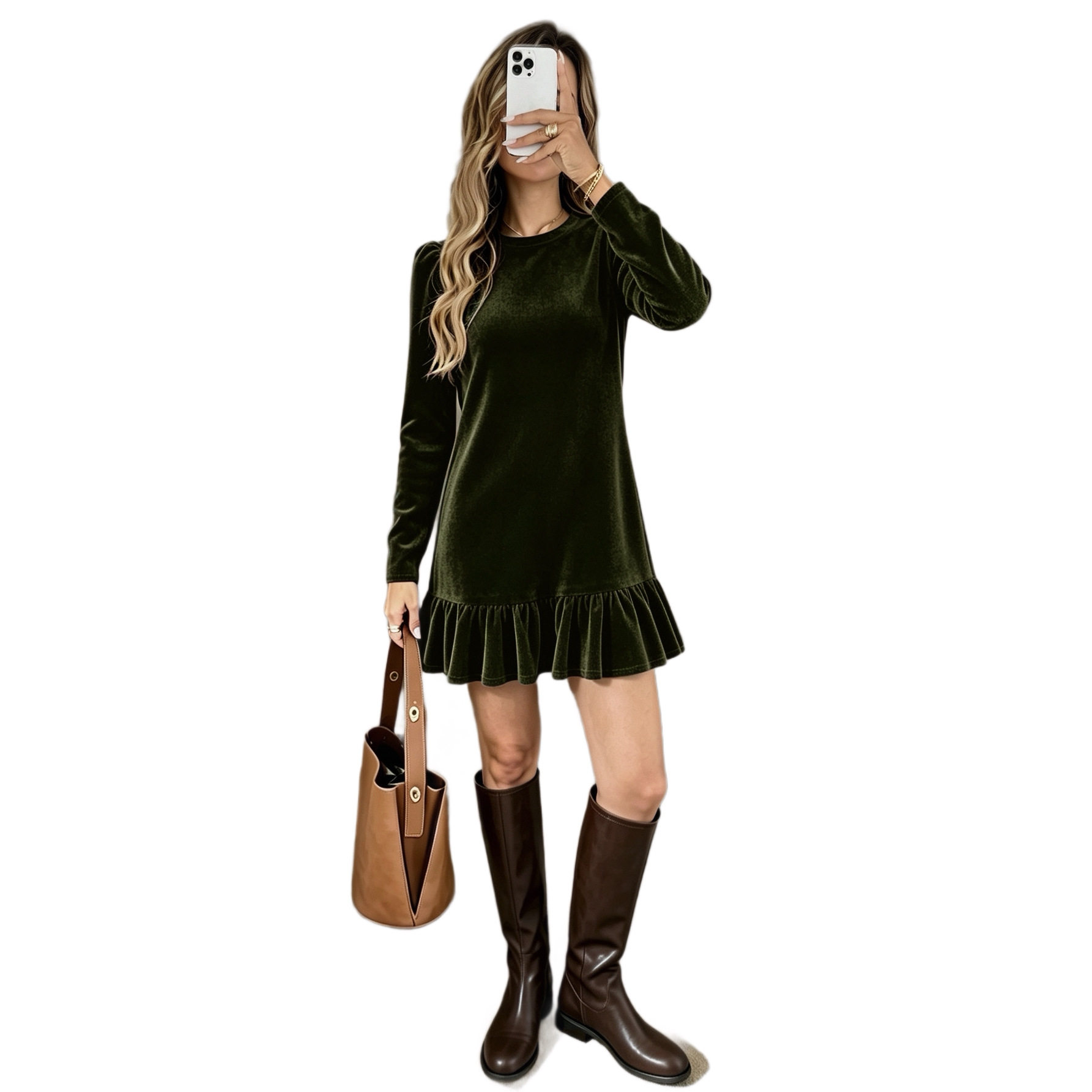Velvet Long Sleeve Dress for Women Round Neck Slim Fit Ruffled Hem Perfect for Parties and Events Wholesale