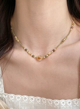 叠戴新中式禅意浅绿色天然石项链民族小众复古清新锁骨链