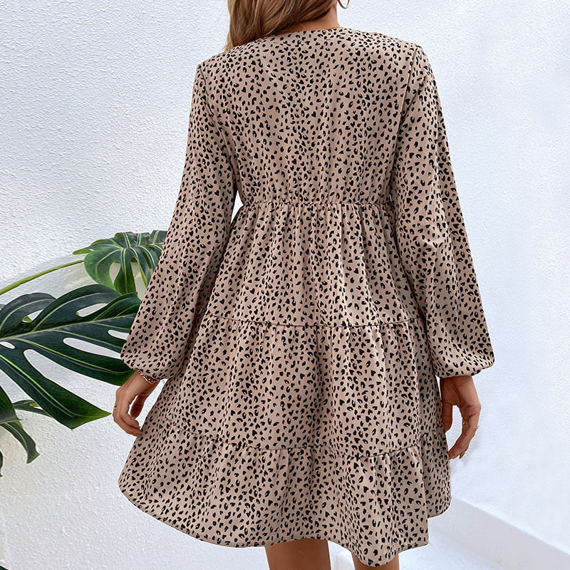 Short Ruffled Leopard Print Dress Long Sleeve Elegant Design Spring Fall Fashion Wholesale Available