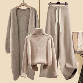Autumn Suit for Women 2025 New Korean Style Lazy Style Cardigan Jacket with Slim Sweater Wide Leg Pants Three-Piece Set
