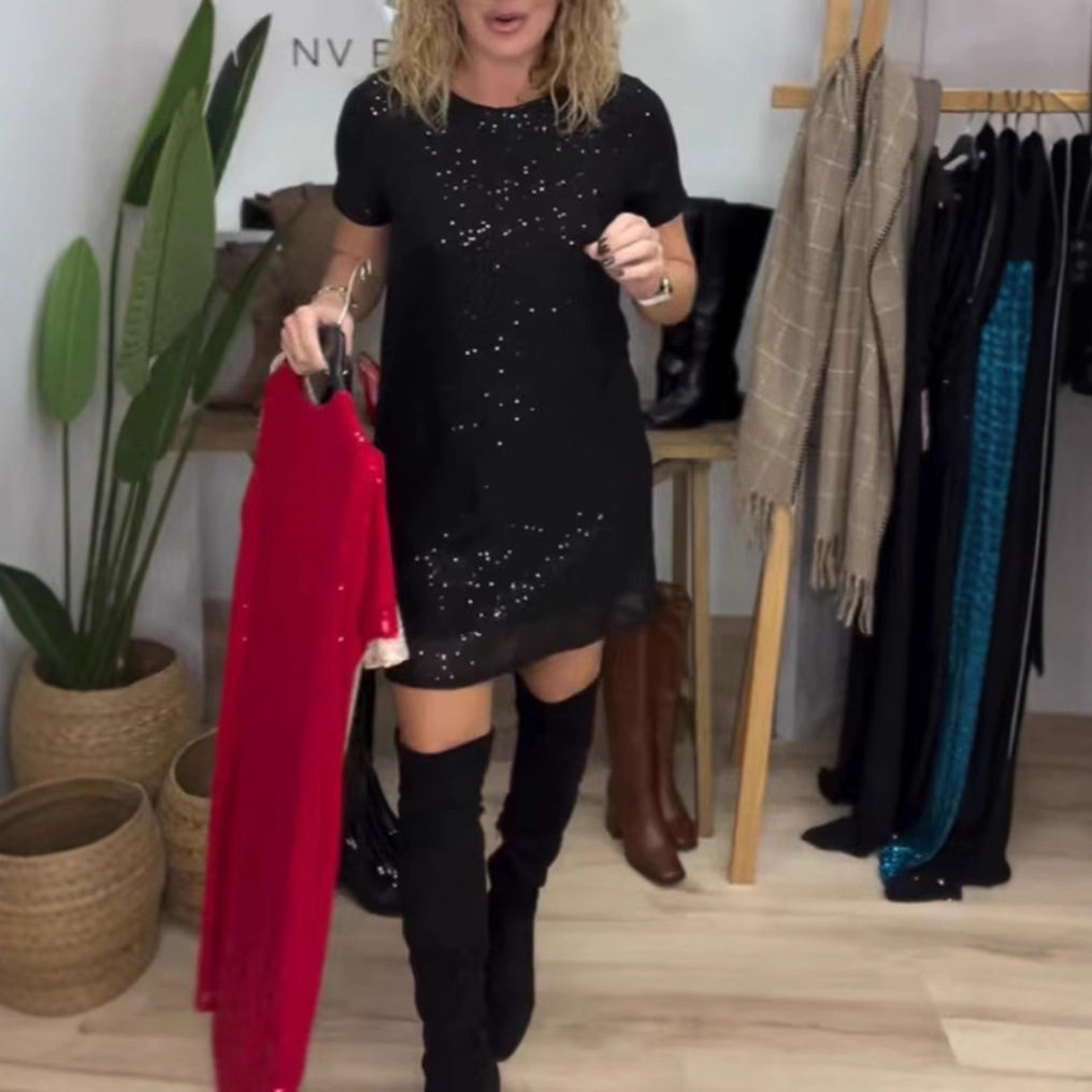 Elegant Sequin Short Sleeve Dress Round Neck Autumn Winter Style Perfect for Parties Wholesale Available