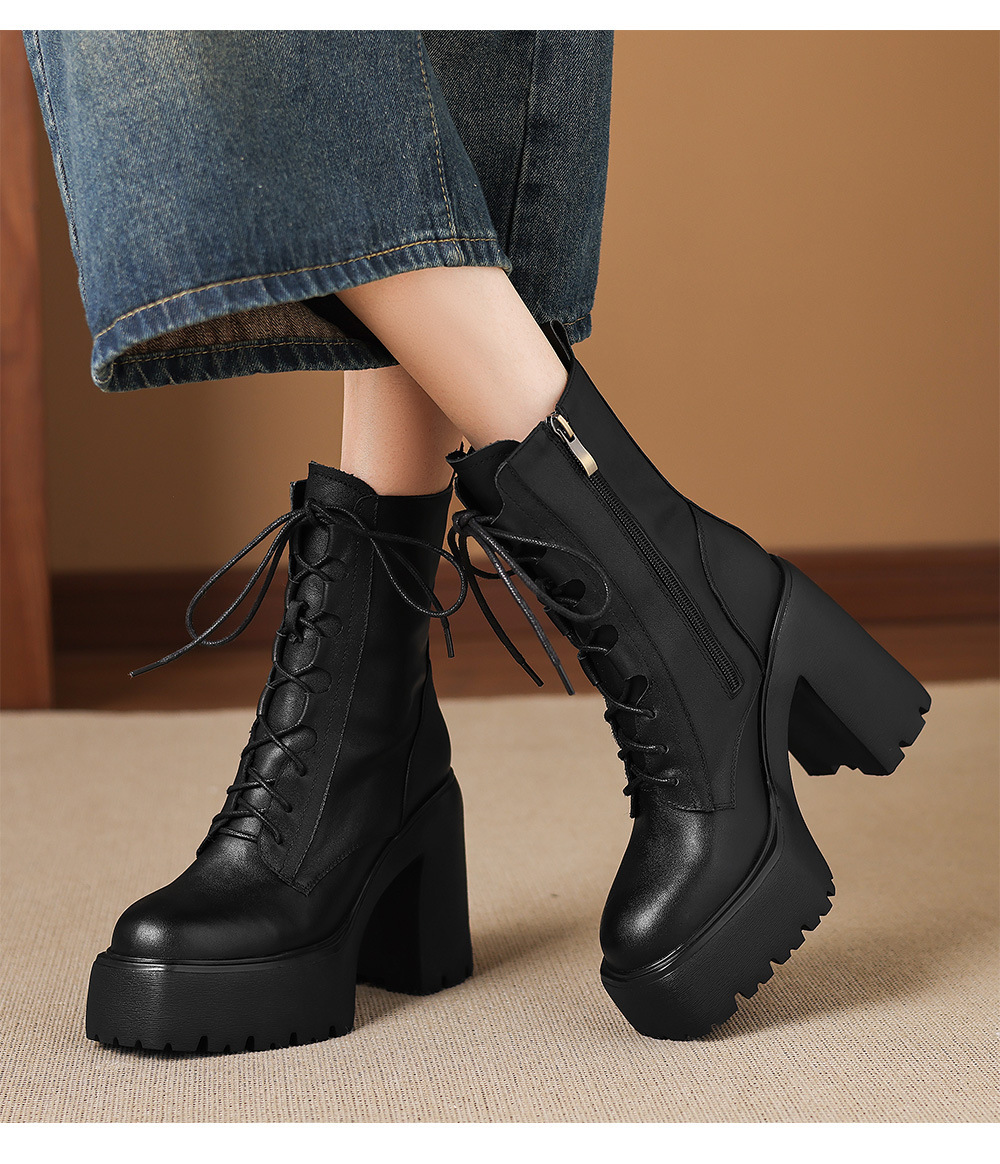 Boot nữ cổ ngắn da bò thật gót thô 12cm phong cách Anh Quốc — Lớp lót đơn màu đen, Lót nhung đen