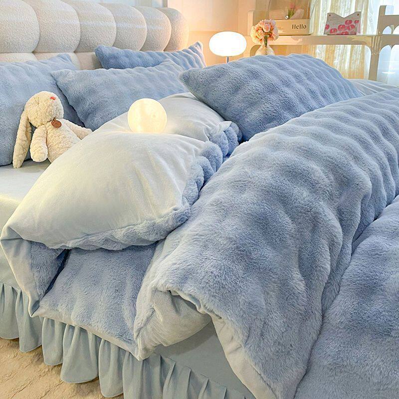 Thickened Rabbit Velvet Four-Piece Winter Milk Velvet Quilt Cover Bed Sheetss Coral Velvet Bed Skirt Double-Sided Velvet Three-Piece Bedding Set