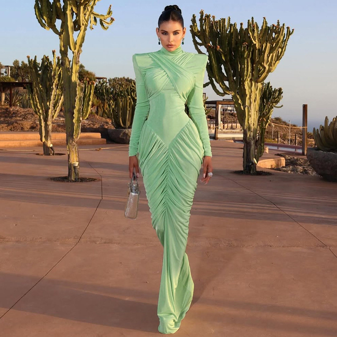 High Neck Long Sleeve Bodycon Dress Solid Color Ruffled Design Elegant Style Autumn Winter Fashion Wholesale