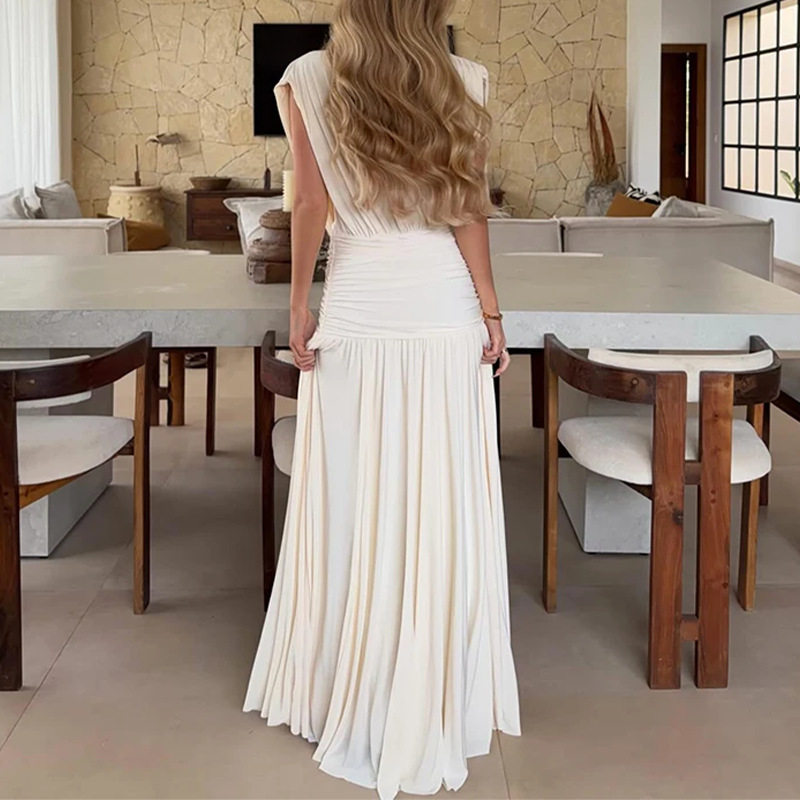 Womens Summer Dress Fashionable V Neck Ruched Design Slim Fit Long Length Perfect for Vacation or Casual Occasions