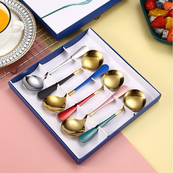 6-Piece Spoon Set Gift, Two-Color Round-Headed Small Rice Spoon, Eating Spoon, Can Be Laser-Engraved with Logo, Simple Style Tableware