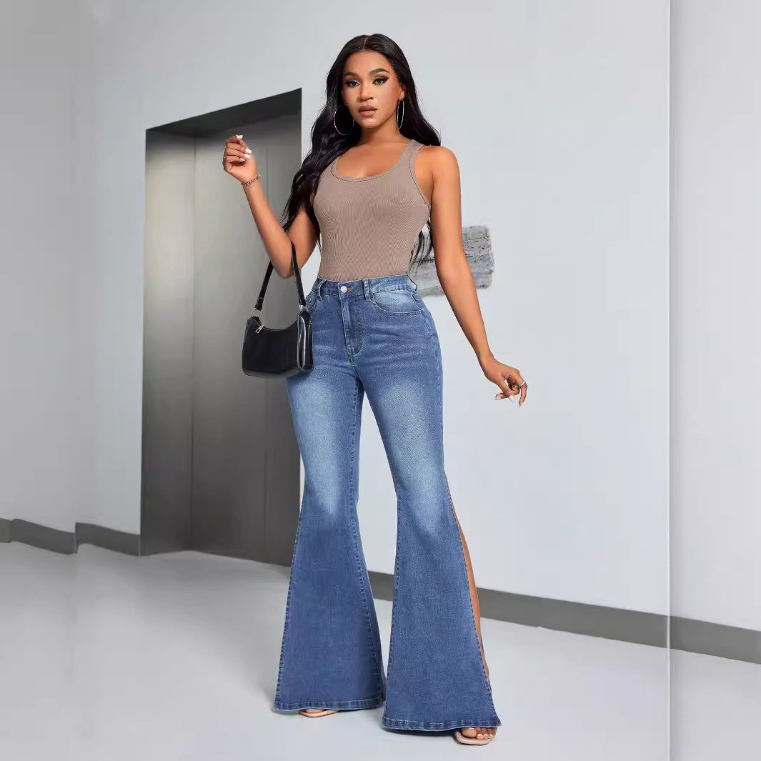 High Waisted Flared Jeans Slim Fit Split Hem Stretch Denim Casual Wear for Women Wholesale Available