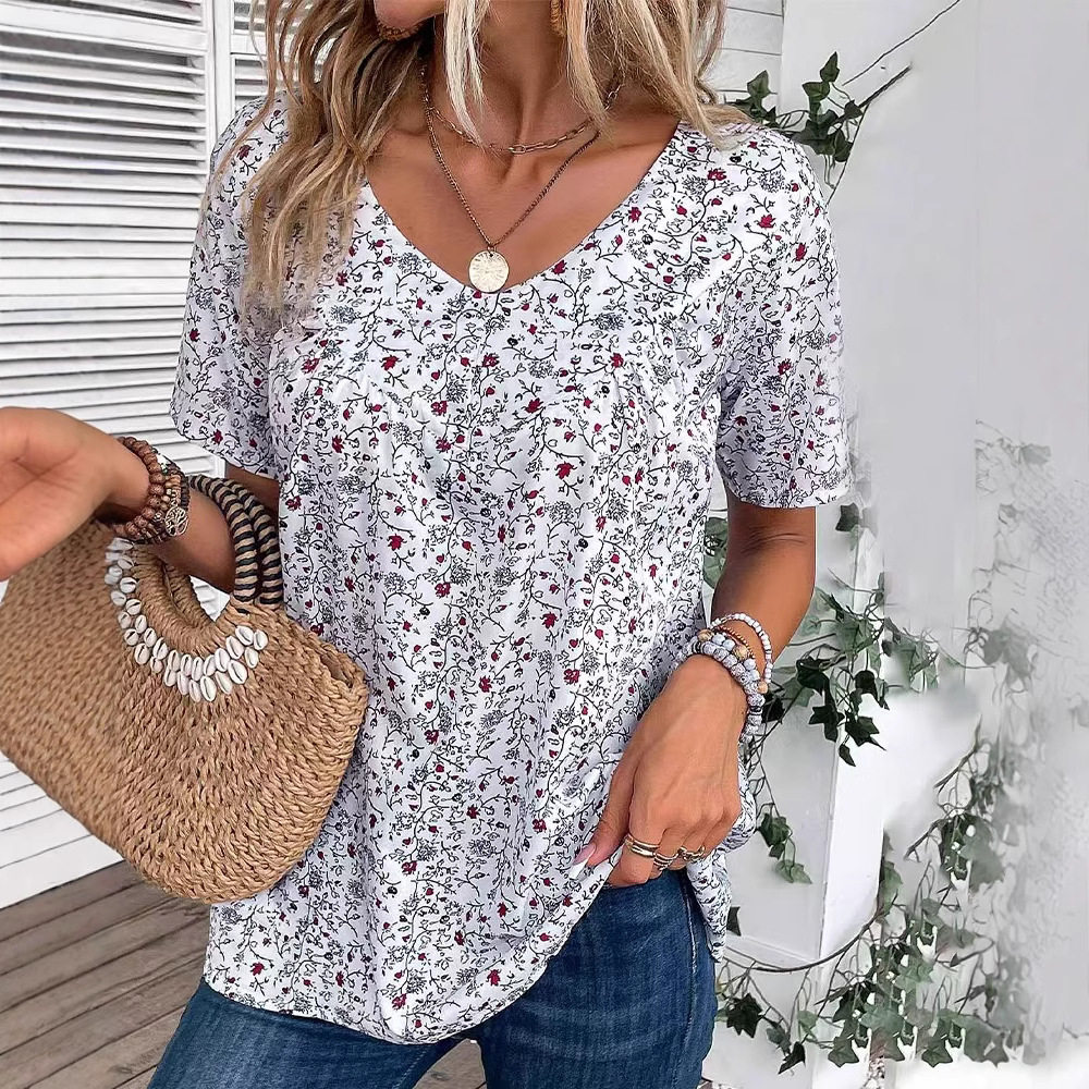 Elegant Floral Print V Neck Short Sleeve Blouse Summer Style Perfect for Casual Outings Wholesale Available