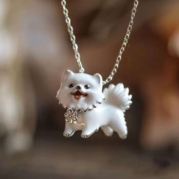Cute Cartoon Pomeranian Necklace for Women, Niche Design Dog Tag, Fresh and Sweet Clavicle Chain, New Jewelry