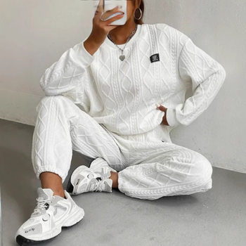 Amazon 2024 autumn and winter new European and American cross-border women's jacquard long sleeve casual crew neck sweater pants suit