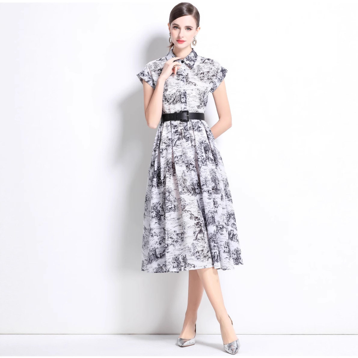 French Style Elegant Womens Dress Vintage Lapel Short Sleeve Waist Pleats Slim Fit Floral Print Perfect for