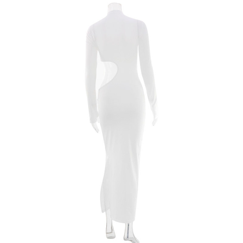 Elegant High Neck Long Sleeve Bodycon Dress Hollow Out Design Solid Color Slim Fit Perfect for Evening Events