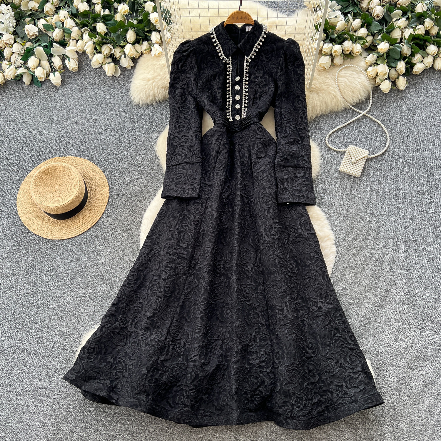 French Lace Long Sleeve Dress for Women Fitted Waist A Line Silhouette Elegant Evening Gown Autumn Collection