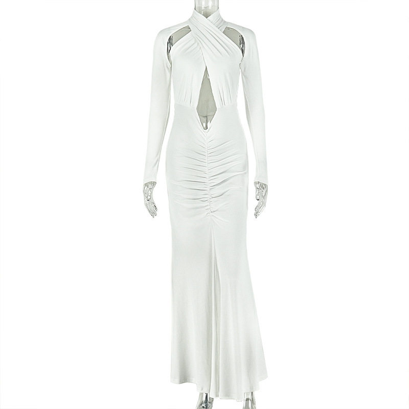 Elegant Womens Bodycon Dress Solid Color Curve Hugging Long Sleeve Strapless Design Perfect for Parties and Events
