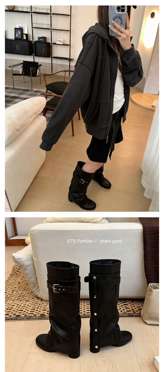 Boot nữ cổ cao gót thô 5.5cm, ống rời tháo được hai kiểu, khóa thắt lưng, mũi vuông — màu đen, Màu nâu đậm