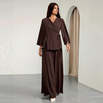 European and American Cross-Border Women's Clothing Amazon Elegant Elegant Fashion Suit Lace-Up Waist V-Neck Top and Pants Two-Piece Set