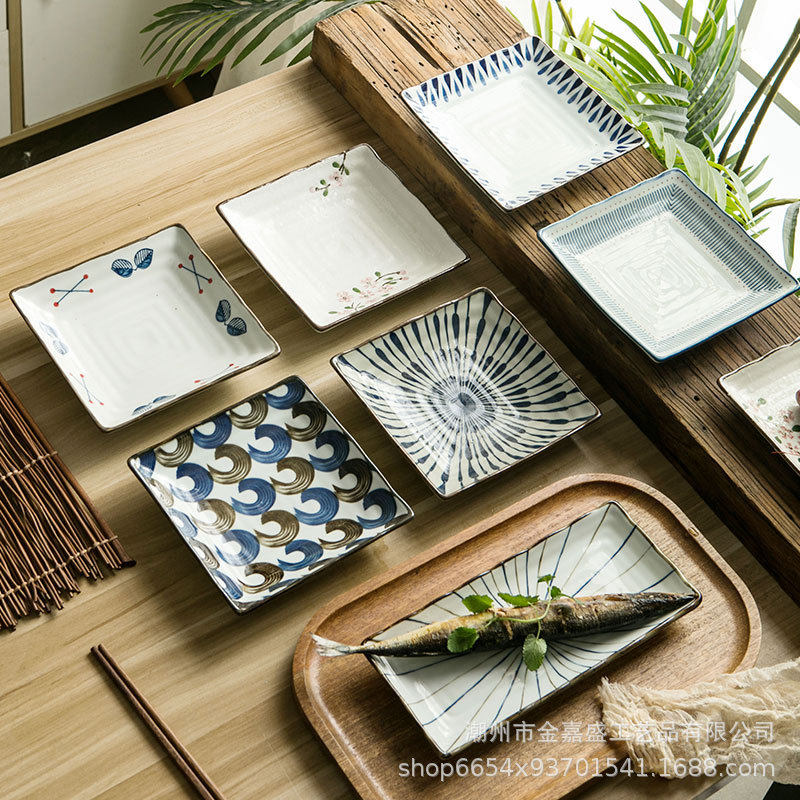 Japanese-style ceramic plate 7 inch square plate sushi salad household deep plate dessert fruit plate ceramic tableware wholesale