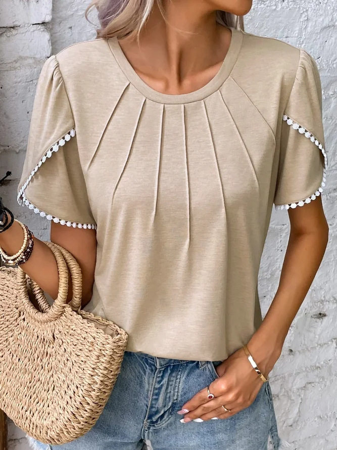 Short Sleeve Pleated T Shirt Round Neck Petal Sleeves Lightweight Fabric Summer Casual Wear for Women Wholesale