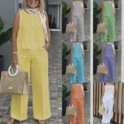 2024 Summer Women's Clothing Amazon Cotton and Linen Set European and American Sleeveless Top Wide-Leg Pants Two-Piece Set Girly