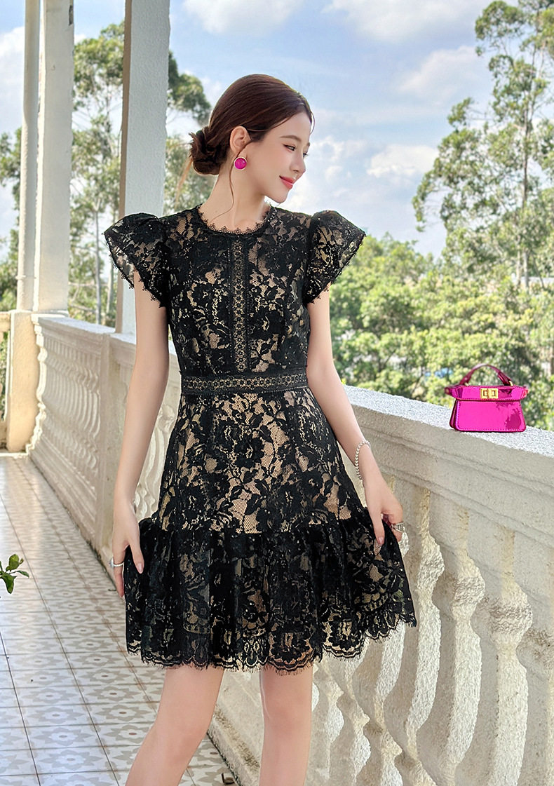 Đầm ren ôm body nữ cổ tròn tay ngắn phong cách Pháp — [Đen] chi tiết 9