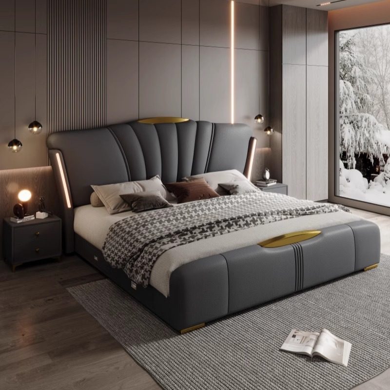Italian Accessible Luxury Leather Bed with Light Multi-Functional Storage 2m Large Bed Master Bedroom 1.8m Double Bed Modern Simple Wedding Bed