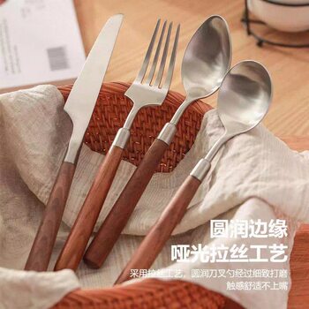 Walnut 304 knife, fork and spoon vintage wooden handle stainless steel tableware four-piece set suit spoon Knife and Fork Restaurant Hotel
