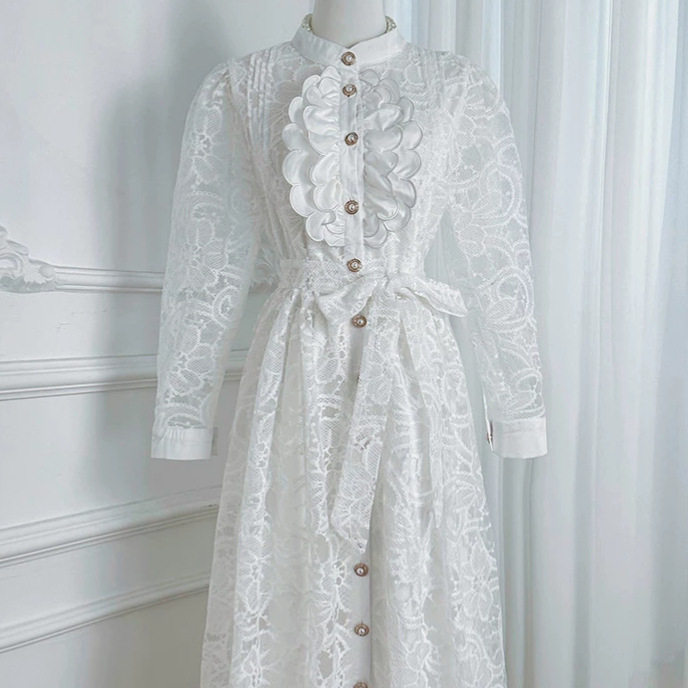 Elegant French Style Long Dress for Women Autumn Waist Tie Embroidered Sheer Mesh Button Closure Perfect for