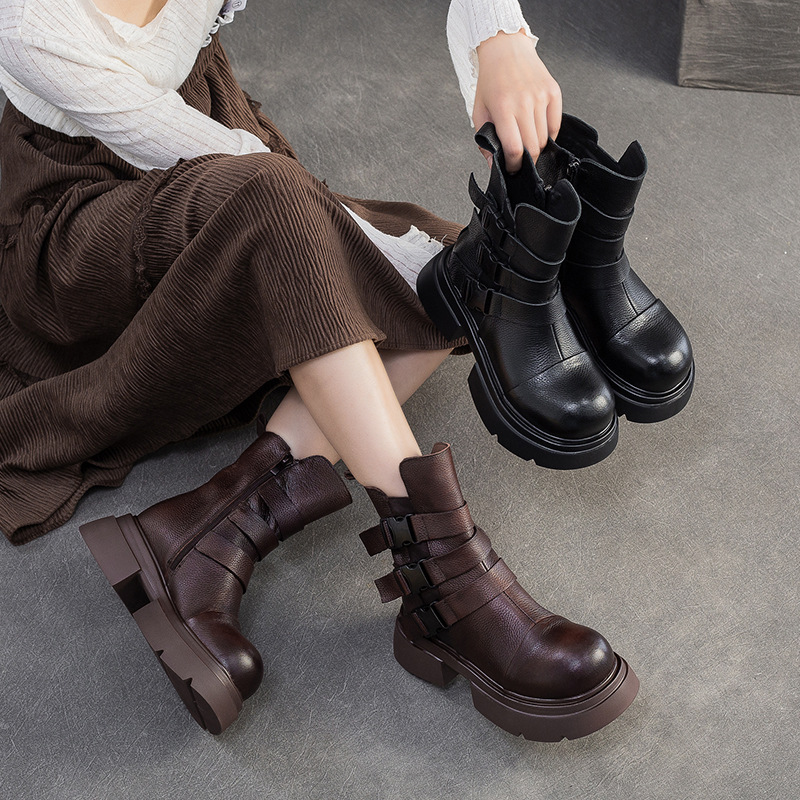 Giày Boot Cổ Thấp Nữ Chất Liệu Da Bò Hàng Mùa Xuân Thu Đông Phục Cổ Cổ Điển