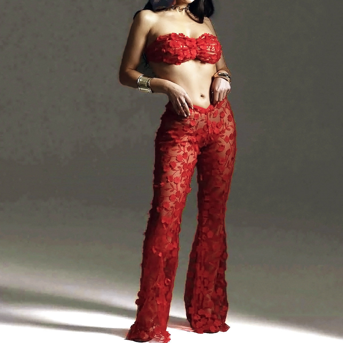 European and American Cross-Border New Design Red Three-Dimensional Flower See-Through Tulle Body-Shaping Sexy Underwear Split Set