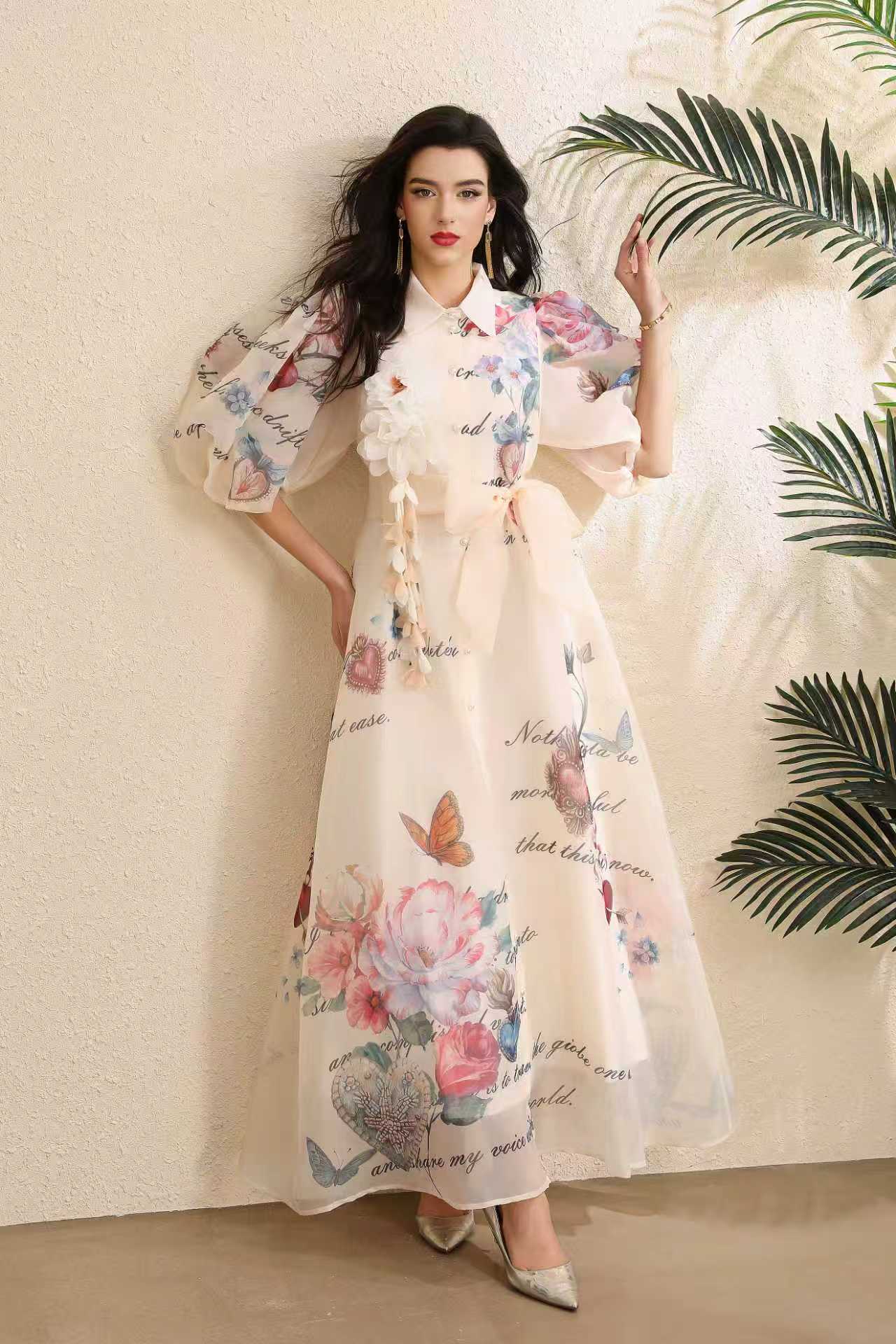 French Elegant Summer Dress Corset Waist 3D Floral Design Lantern Sleeves Printed Tulle Perfect for Garden Parties