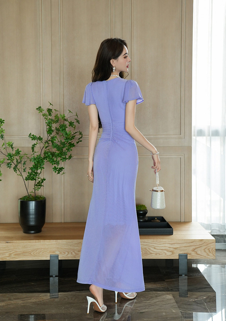 Đầm ôm body nữ phong cách Pháp cổ V tay ngắn eo cao — [Tử Đinh Hương] chi tiết 10